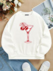 Unisex Oversize Bisiklet Yaka Basic Cherry Cocktail Baskılı Sweatshirt - EKRU