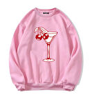 Unisex Oversize Bisiklet Yaka Basic Cherry Cocktail Baskılı Sweatshirt - PEMBE