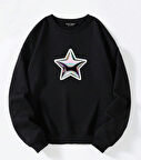 Unisex Oversize Bisiklet Yaka Basic Shining Metallic Star Baskılı Sweatshirt - SİYAH