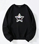 Unisex Oversize Bisiklet Yaka Basic Shining Metallic Star Baskılı Sweatshirt - SİYAH