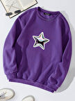 Unisex Oversize Bisiklet Yaka Basic Shining Metallic Star Baskılı Sweatshirt - MOR