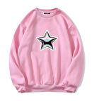 Unisex Oversize Bisiklet Yaka Basic Shining Metallic Star Baskılı Sweatshirt - PEMBE