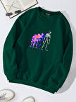 Unisex Oversize Bisiklet Yaka Basic Colorful Skeleton Baskılı Sweatshirt - KOYU YEŞİL
