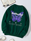 Unisex Oversize Bisiklet Yaka Basic Butterfly Baskılı Sweatshirt - KOYU YEŞİL