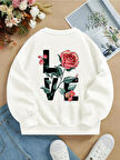 Unisex Oversize Bisiklet Yaka Basic Rose Love Baskılı Sweatshirt - EKRU
