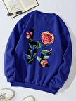 Unisex Oversize Bisiklet Yaka Basic Rose Love Baskılı Sweatshirt - SAKS MAVİSİ