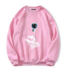 Unisex Oversize Bisiklet Yaka Basic Hang Loose Baskılı Sweatshirt - PEMBE