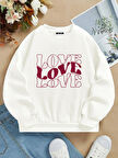 Unisex Oversize Bisiklet Yaka Basic Three Love Baskılı Sweatshirt - EKRU