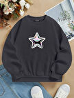 Unisex Oversize Bisiklet Yaka Basic Shining Metallic Star Baskılı Sweatshirt - FÜME