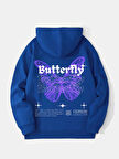 Unisex Butterfly Baskılı Kapüşonlu İçi Yumuşak Polarlı Oversize Sweatshirt - SAKS MAVİSİ