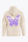 Unisex Butterfly Baskılı Kapüşonlu İçi Yumuşak Polarlı Oversize Sweatshirt - BEJ