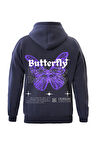Unisex Butterfly Baskılı Kapüşonlu İçi Yumuşak Polarlı Oversize Sweatshirt - LACİVERT