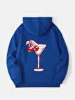 Unisex Cherry Cocktail Baskılı Kapüşonlu İçi Yumuşak Polarlı Oversize Sweatshirt - SAKS MAVİSİ