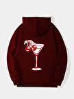 Unisex Cherry Cocktail Baskılı Kapüşonlu İçi Yumuşak Polarlı Oversize Sweatshirt - BORDO