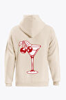 Unisex Cherry Cocktail Baskılı Kapüşonlu İçi Yumuşak Polarlı Oversize Sweatshirt - BEJ