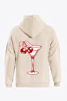 Unisex Cherry Cocktail Baskılı Kapüşonlu İçi Yumuşak Polarlı Oversize Sweatshirt - BEJ