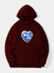 Unisex Ocen Heart Baskılı Kapüşonlu İçi Yumuşak Polarlı Oversize Sweatshirt - BORDO