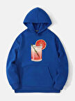 Unisex Orange Cocktail Baskılı Kapüşonlu İçi Yumuşak Polarlı Oversize Sweatshirt - SAKS MAVİSİ