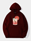 Unisex Orange Cocktail Baskılı Kapüşonlu İçi Yumuşak Polarlı Oversize Sweatshirt - BORDO