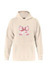 Unisex Powder Pink Baskılı Kapüşonlu İçi Yumuşak Polarlı Oversize Sweatshirt - BEJ