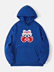 Unisex Ribbon Cherry Baskılı Kapüşonlu İçi Yumuşak Polarlı Oversize Sweatshirt - SAKS MAVİSİ
