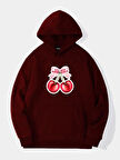 Unisex Ribbon Cherry Baskılı Kapüşonlu İçi Yumuşak Polarlı Oversize Sweatshirt - BORDO