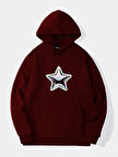 Unisex Shining Metallic Star Baskılı Kapüşonlu İçi Yumuşak Polarlı Oversize Sweatshirt - BORDO