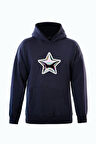 Unisex Shining Metallic Star Baskılı Kapüşonlu İçi Yumuşak Polarlı Oversize Sweatshirt - LACİVERT