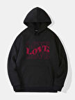 Unisex Theree Love Baskılı Kapüşonlu İçi Yumuşak Polarlı Oversize Sweatshirt - SİYAH