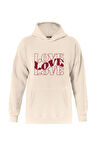 Unisex Theree Love Baskılı Kapüşonlu İçi Yumuşak Polarlı Oversize Sweatshirt - BEJ
