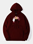 Unisex Colorful Hair Baskılı Kapüşonlu İçi Yumuşak Polarlı Oversize Sweatshirt - BORDO