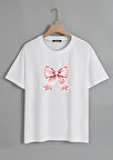 Unisex Oversize Bisiklet Yaka Powder Pink Ribbon Baskılı Basic T-Shirt - BEYAZ
