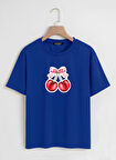 Unisex Oversize Bisiklet Yaka Ribbon Cherry Baskılı Basic T-Shirt - SAKS MAVİSİ