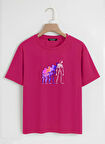 Unisex Oversize Bisiklet Yaka Colorful Skeleton Baskılı Basic T-Shirt - FUŞYA