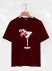 Unisex Oversize Bisiklet Yaka Cherry Cocktail Baskılı Basic T-Shirt - BORDO