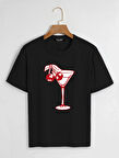Unisex Oversize Bisiklet Yaka Cherry Cocktail Baskılı Basic T-Shirt - SİYAH