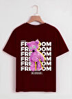 Unisex Oversize Bisiklet Yaka Freedom Baskılı Basic T-Shirt - BORDO