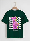 Unisex Oversize Bisiklet Yaka Freedom Baskılı Basic T-Shirt - KOYU YEŞİL