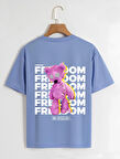 Unisex Oversize Bisiklet Yaka Freedom Baskılı Basic T-Shirt - MAVİ