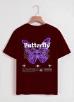 Unisex Oversize Bisiklet Yaka Butterfly Baskılı Basic T-Shirt - BORDO