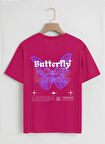 Unisex Oversize Bisiklet Yaka Butterfly Baskılı Basic T-Shirt - FUŞYA
