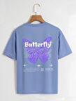 Unisex Oversize Bisiklet Yaka Butterfly Baskılı Basic T-Shirt - MAVİ