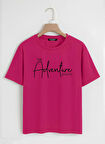 Unisex Oversize Bisiklet Yaka Adventure Baskılı Basic T-Shirt - FUŞYA