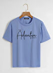 Unisex Oversize Bisiklet Yaka Adventure Baskılı Basic T-Shirt - MAVİ