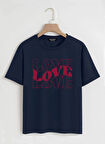 Unisex Oversize Bisiklet Yaka Theree Love Baskılı Basic T-Shirt - LACİVERT