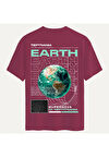 Unisex Bisiklet Yaka %100 Organik Pamuklu Kalın Dokulu Earth Baskılı Oversize T-shirt - BORDO