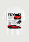Unisex Bisiklet Yaka %100 Organik Pamuklu Kalın Dokulu Ferrari F40 Baskılı Oversize T-shirt - BEYAZ