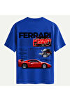 Unisex Bisiklet Yaka %100 Organik Pamuklu Kalın Dokulu Ferrari F40 Baskılı Oversize T-shirt - SAKS MAVİSİ