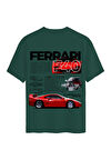Unisex Bisiklet Yaka %100 Organik Pamuklu Kalın Dokulu Ferrari F40 Baskılı Oversize T-shirt - KOYU YEŞİL