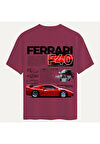 Unisex Bisiklet Yaka %100 Organik Pamuklu Kalın Dokulu Ferrari F40 Baskılı Oversize T-shirt - BORDO
